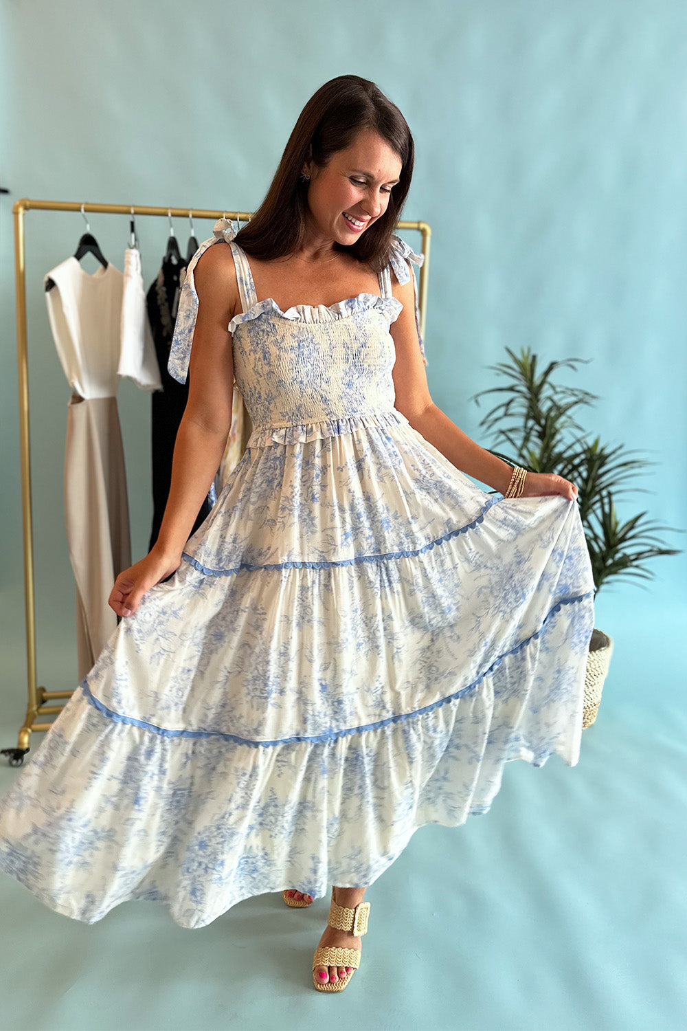 White and Blue Toile Midi Dress