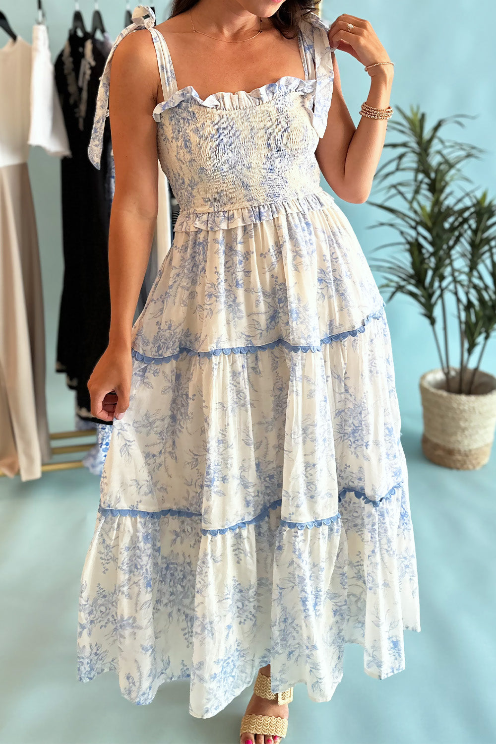 White and Blue Toile Midi Dress