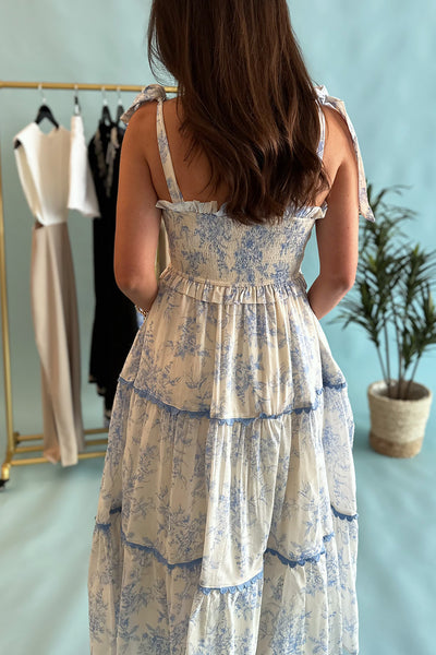 White and Blue Toile Midi Dress