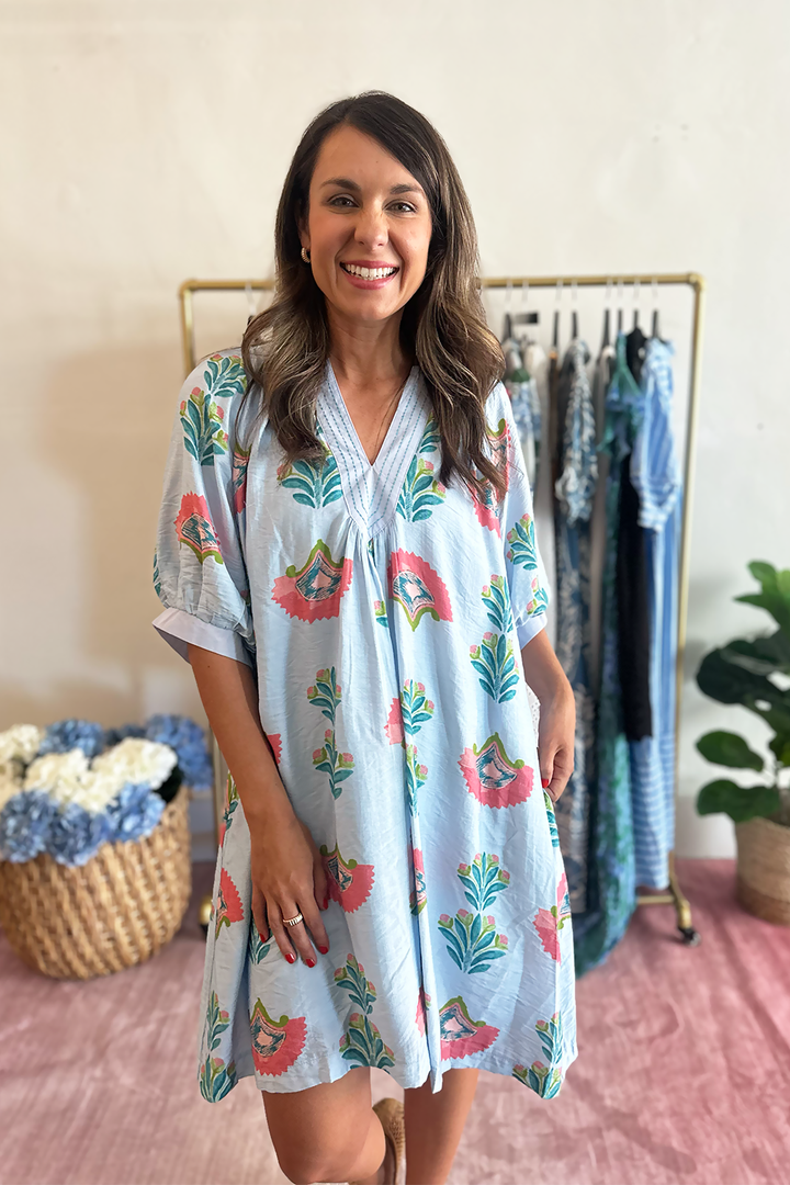 Light Blue Floral Short Sleeve Dress | Umgee