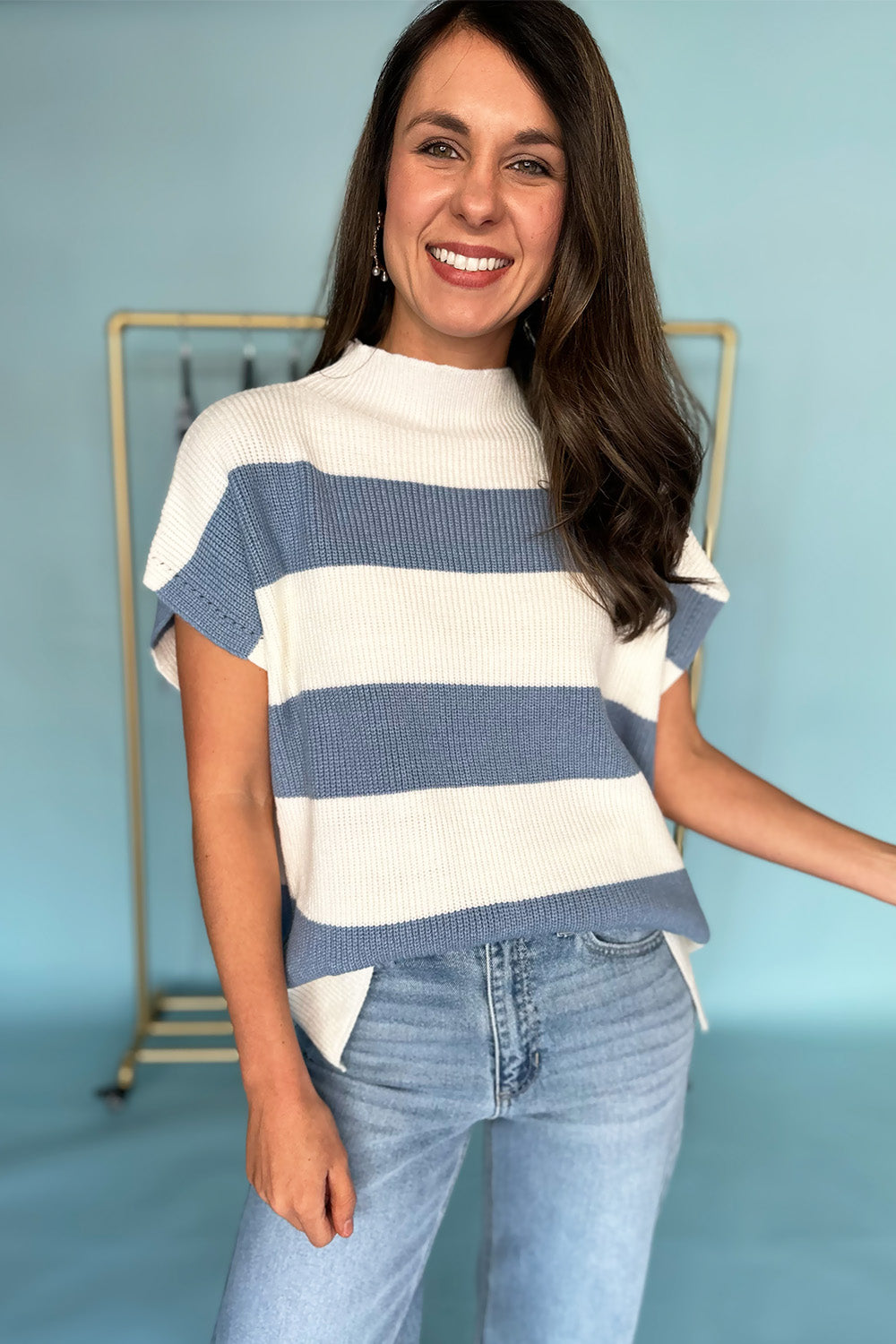 Blue and White Stripe Knit SS Top