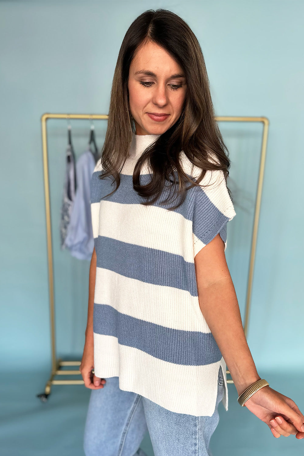 Blue and White Stripe Knit SS Top