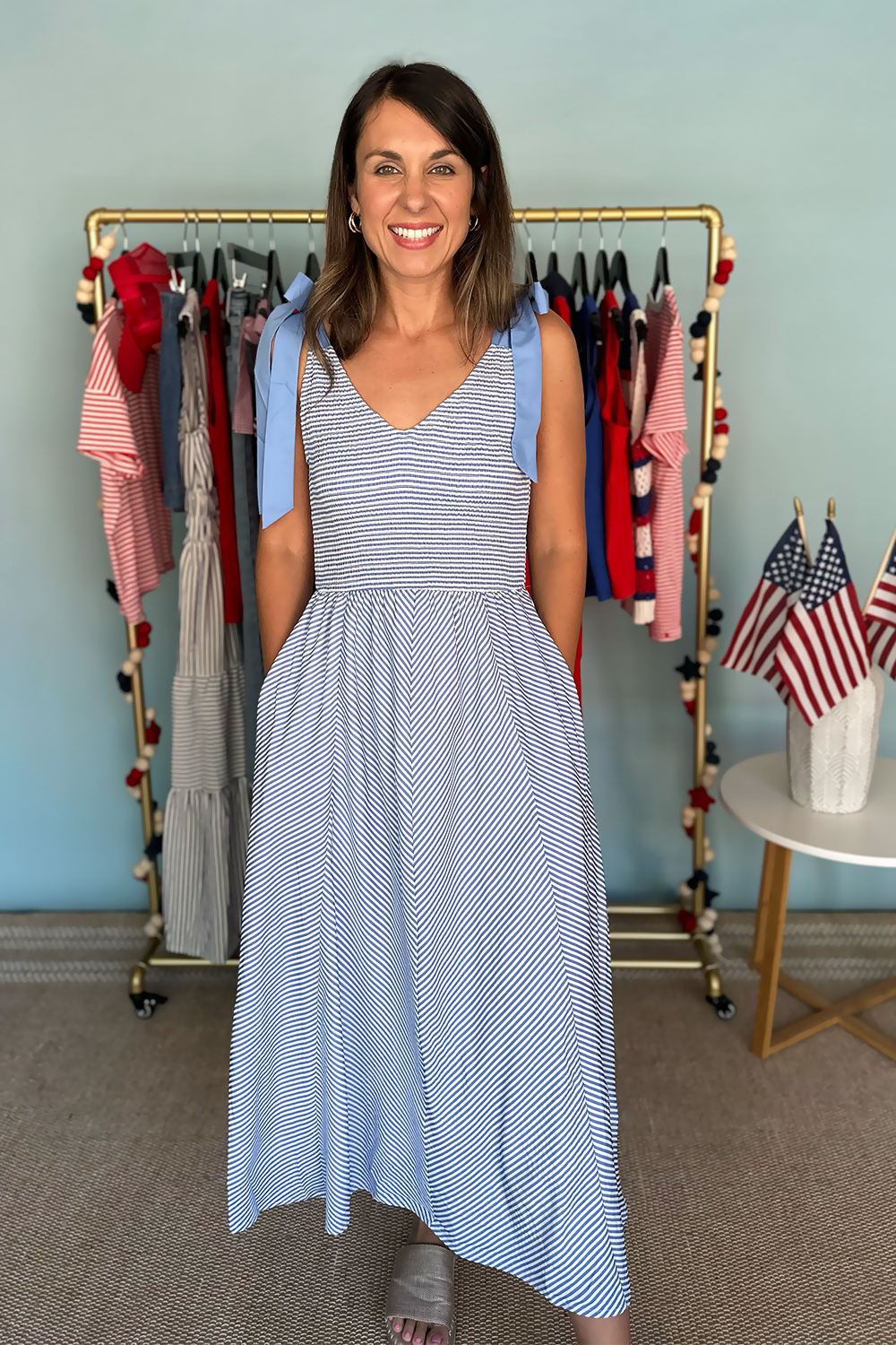 blue and white dress with tie straps Pretty Gentle Mini Dress - Navy Blue and White