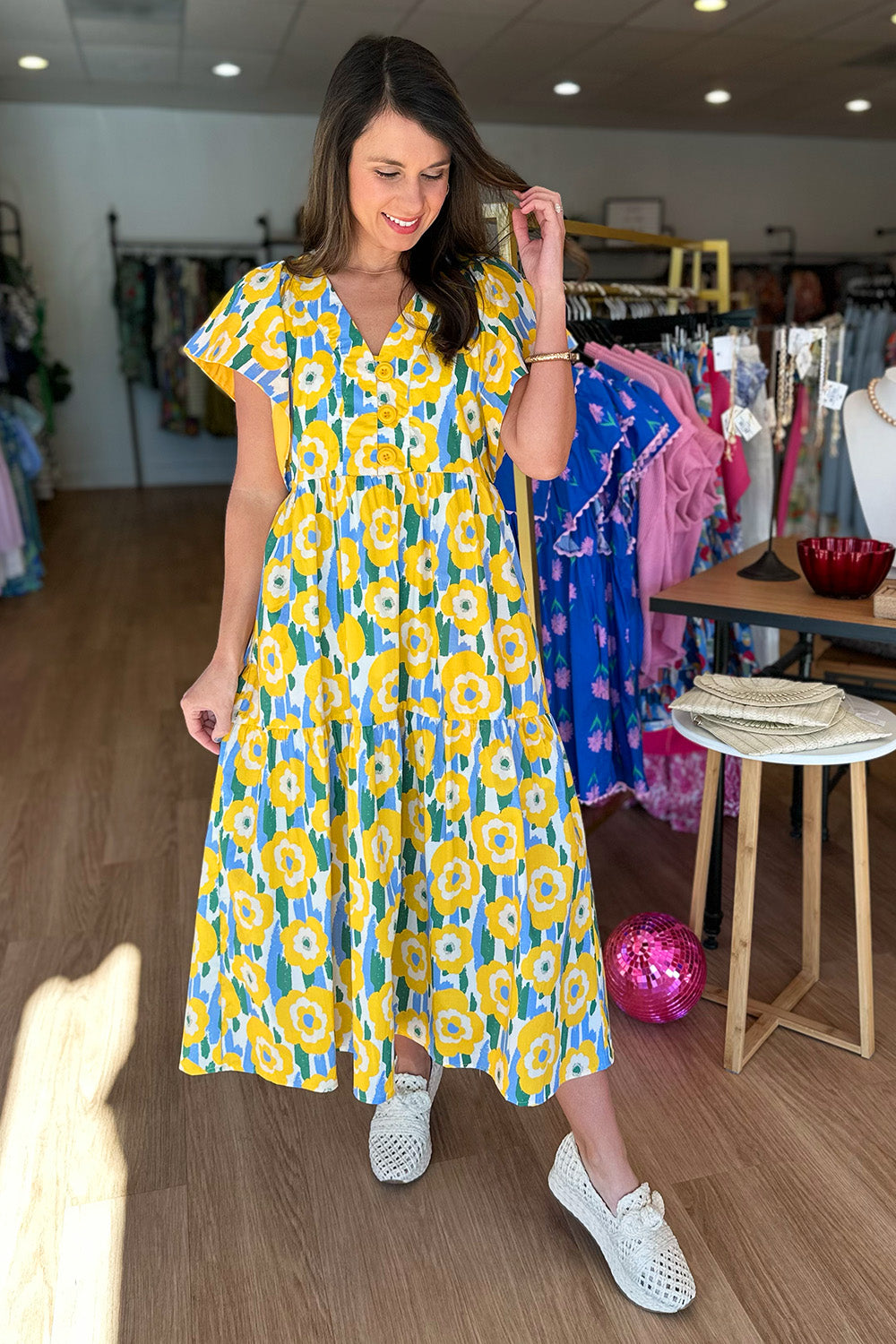 Yellow and Blue Floral Midi Dress