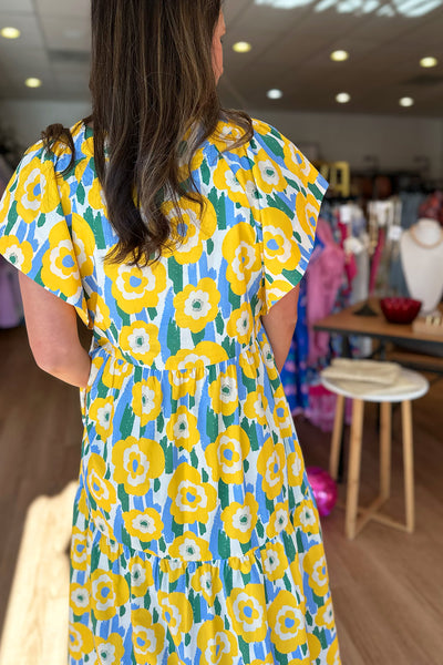 Yellow and Blue Floral Midi Dress