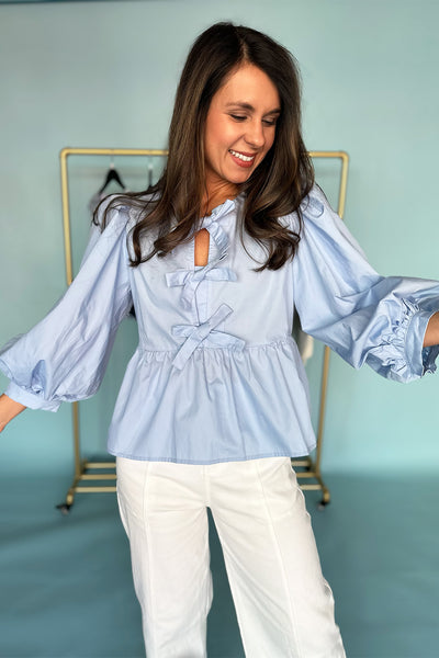 Bow Front Balloon Sleeve Blouse Light Blue