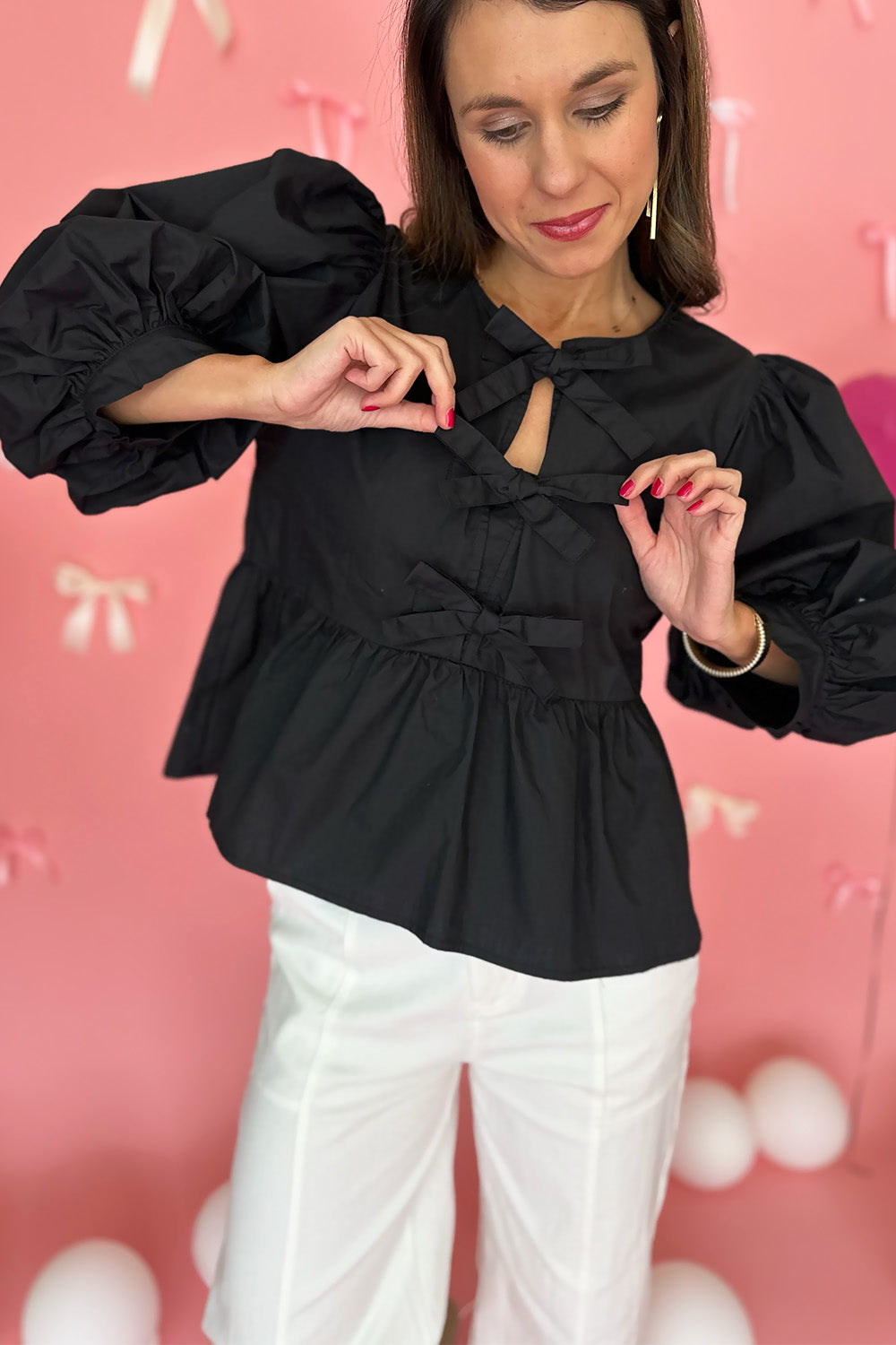 Bow Front Balloon Sleeve Blouse Black