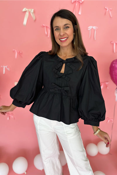 Bow Front Balloon Sleeve Blouse Black