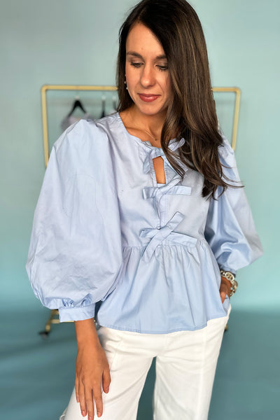 Bow Front Balloon Sleeve Blouse Light Blue