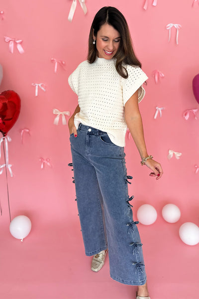 Bow Side Cropped Denim Pants