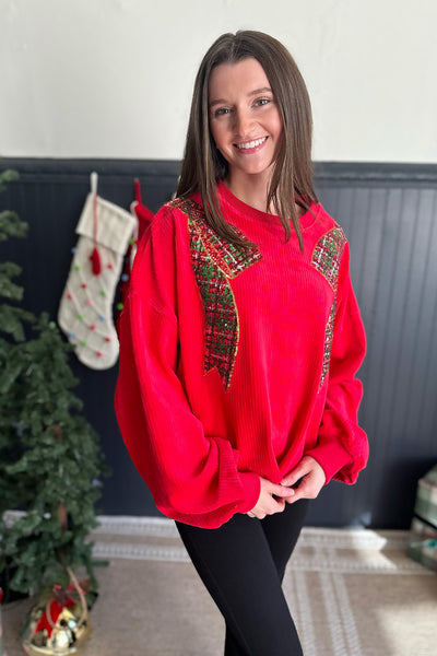 Red Corduroy Christmas Bow Sweatshirt