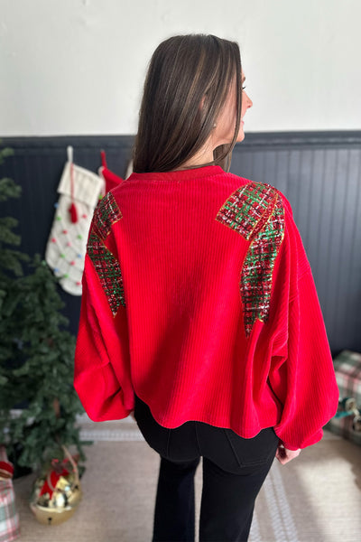 Red Corduroy Christmas Bow Sweatshirt