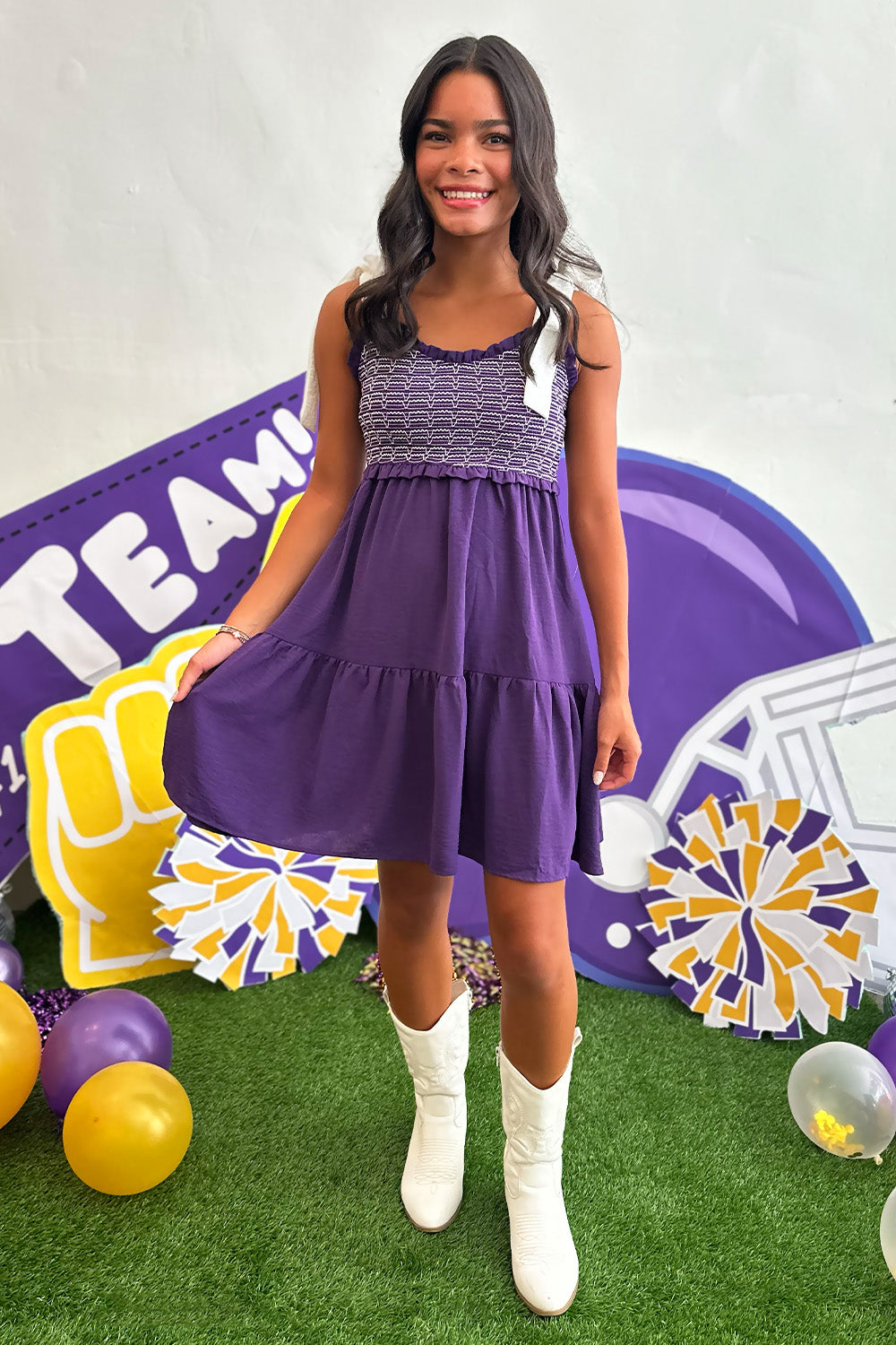 Purple Smocked Bust Tie Strap Dress