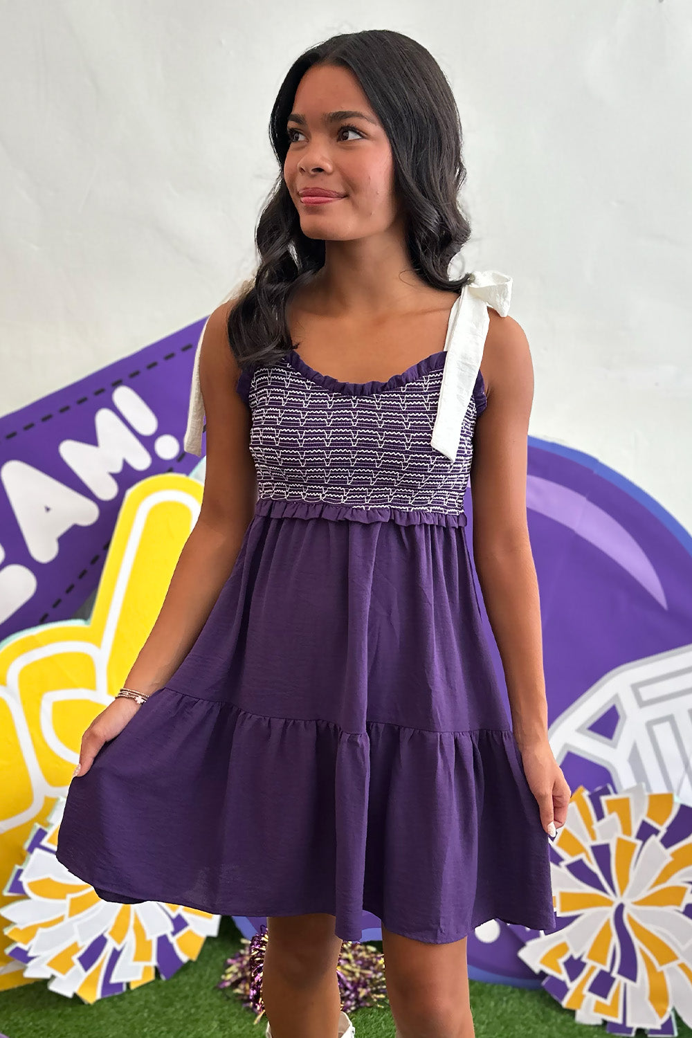 Purple Smocked Bust Tie Strap Dress