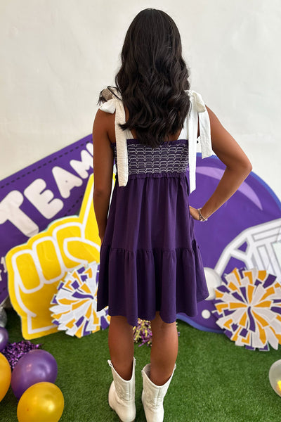 Purple Smocked Bust Tie Strap Dress