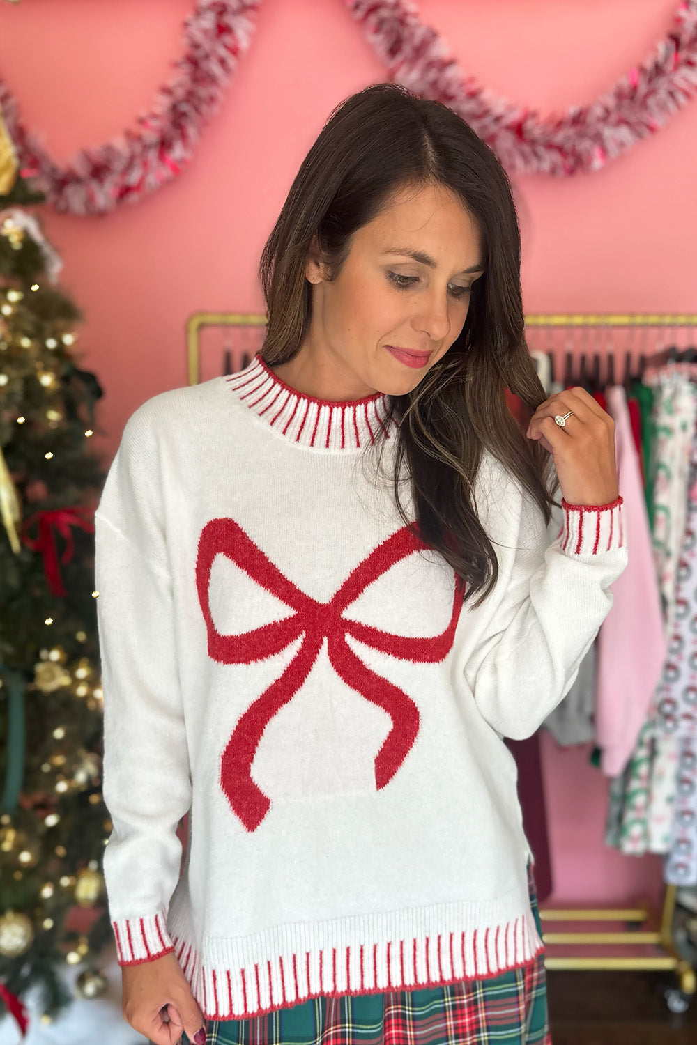 White Sweater with Red Bow
