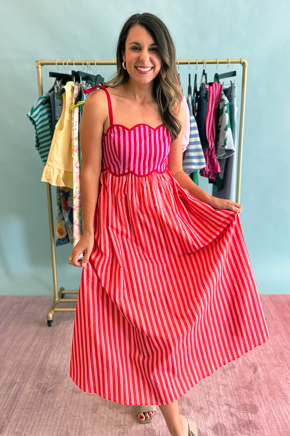 Bright Mixed Color Midi Dress in Pink | Truly Yours Large Bright Mixed Color Midi Dress in Pink | Truly Yours Large