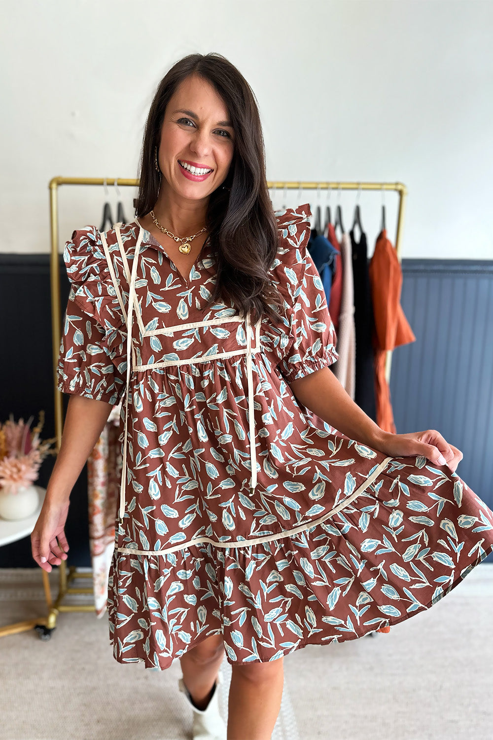 Cream and Brown Floral Tie Neck Dress