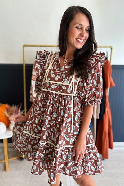 Cream and Brown Floral Tie Neck Dress