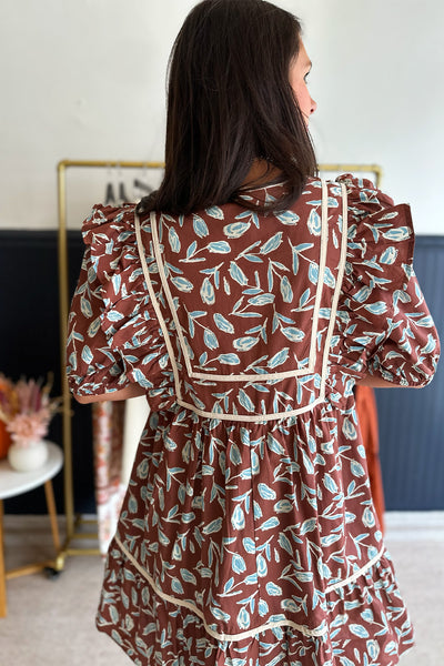 Cream and Brown Floral Tie Neck Dress