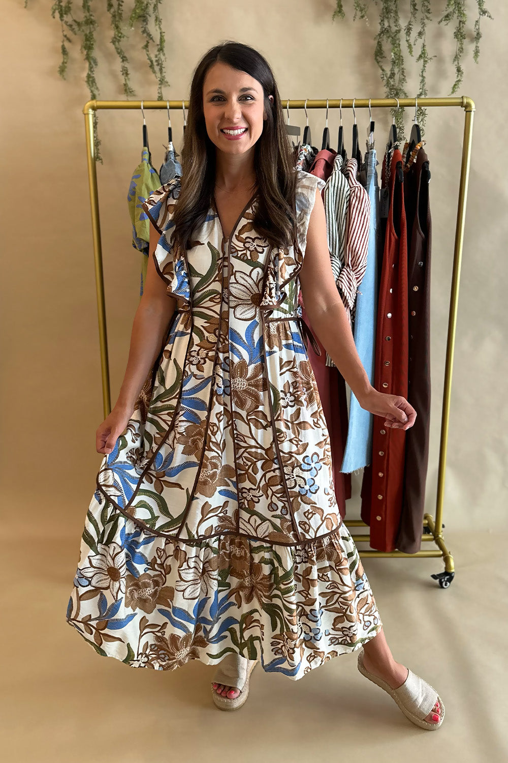 Brown, Blue, Green Floral Tie Side Midi