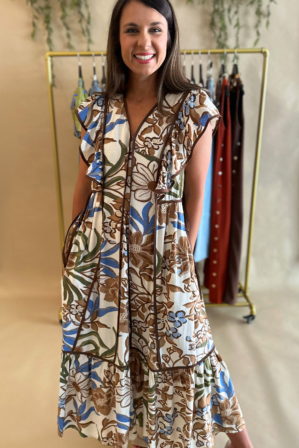 Brown, Blue, Green Floral Tie Side Midi