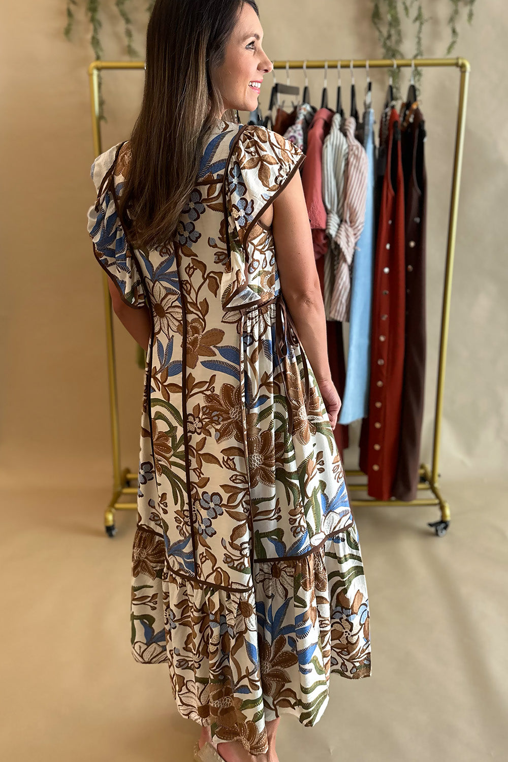 Brown, Blue, Green Floral Tie Side Midi