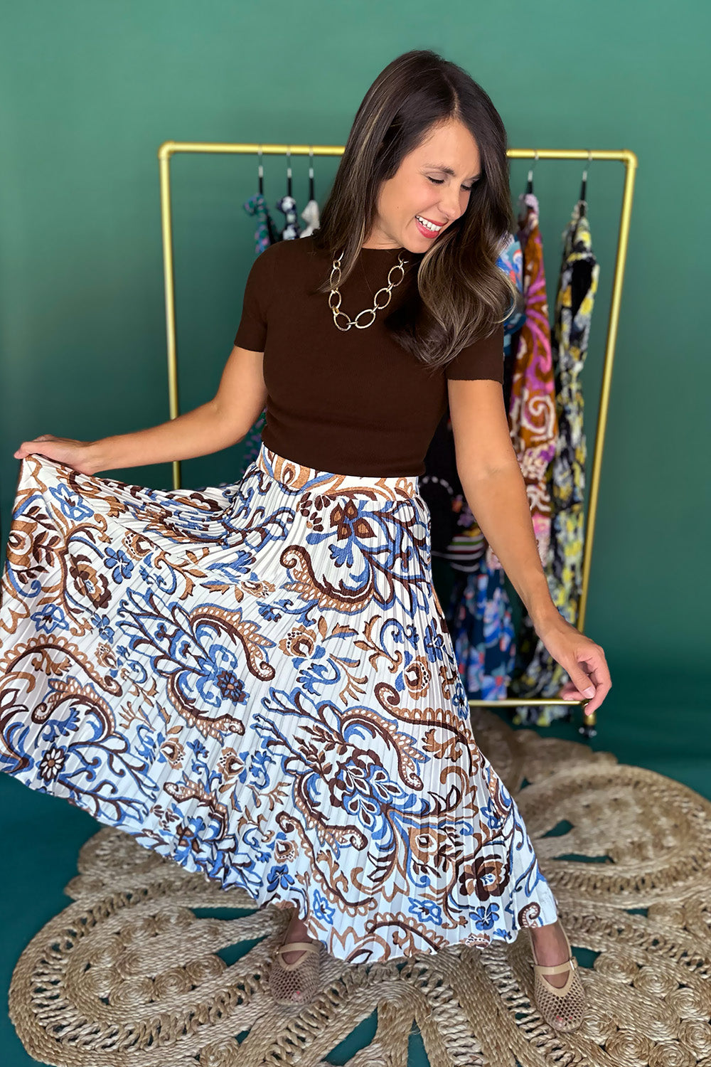 Brown and Blue Printed Pleated Midi Skirt