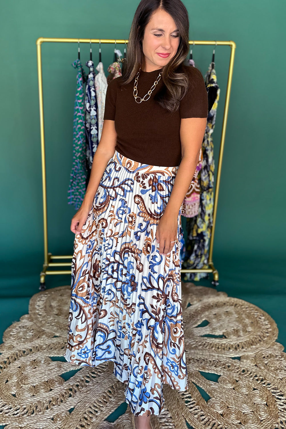 Brown and Blue Printed Pleated Midi Skirt