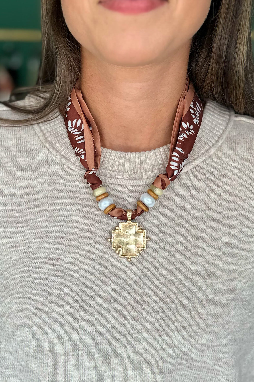Brown Scarf Necklace with Cross Pendant