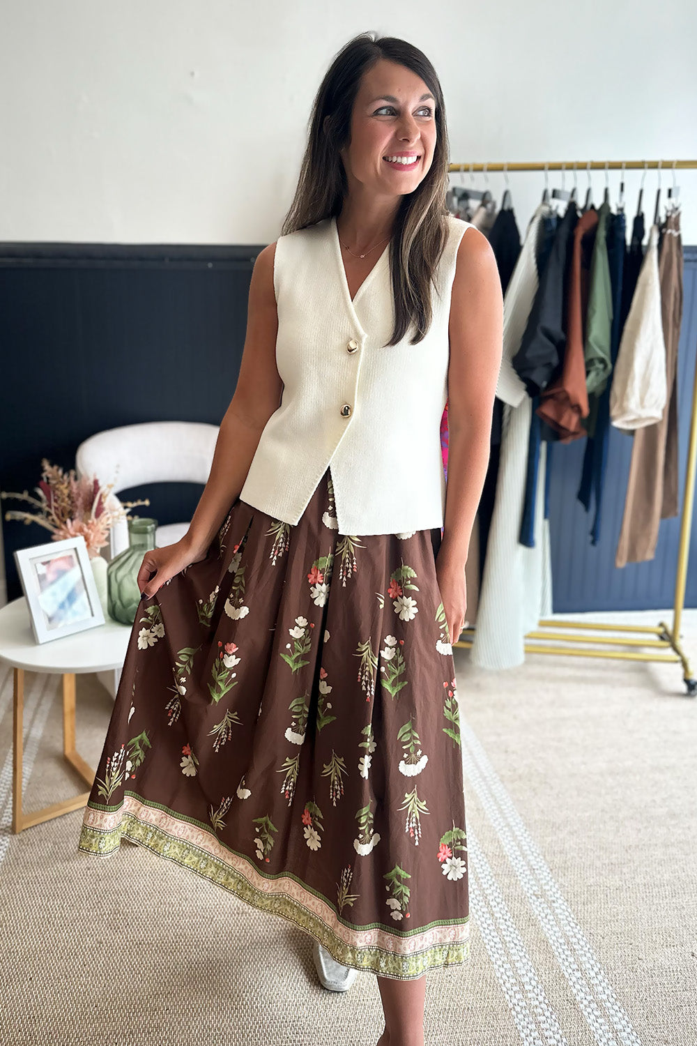 Brown Floral Printed Midi Skirt
