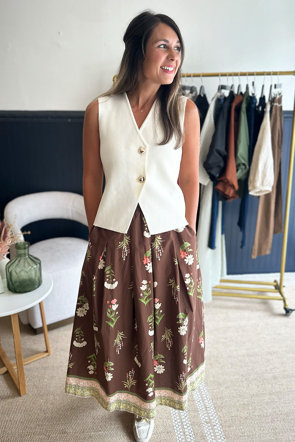 Brown Floral Printed Midi Skirt