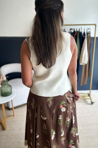Brown Floral Printed Midi Skirt