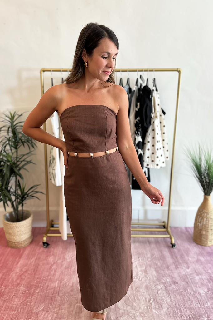 brown linen strapless dress Mackenzie in Brown Linen XL / Brown Linen
