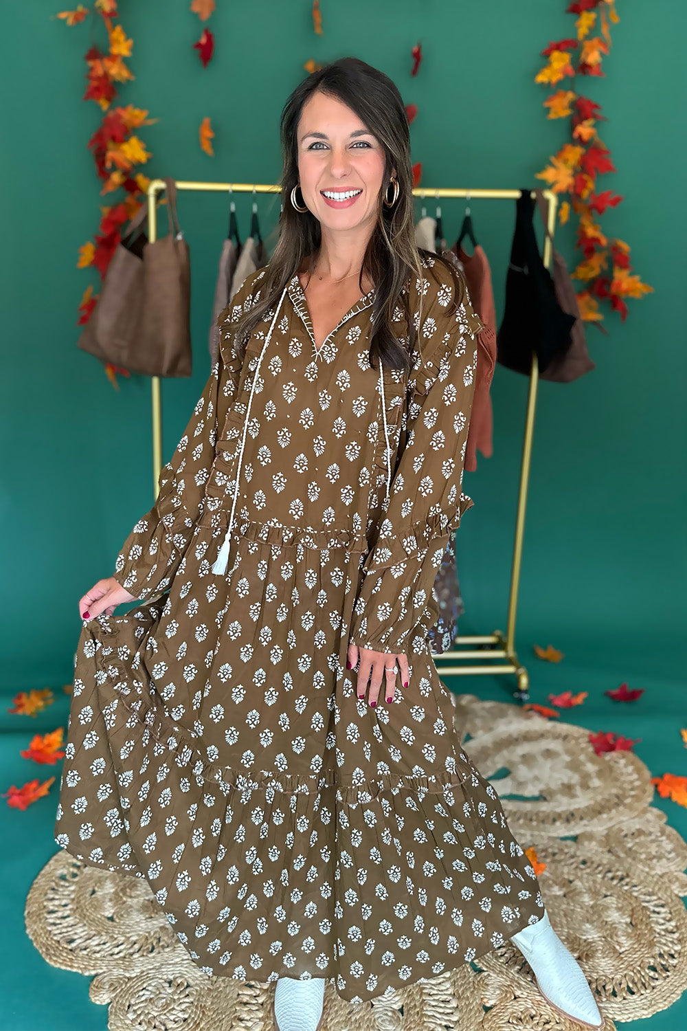 Brown and Cream Long Sleeve Maxi Dress
