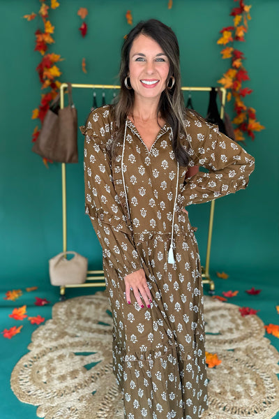 Brown and Cream Long Sleeve Maxi Dress