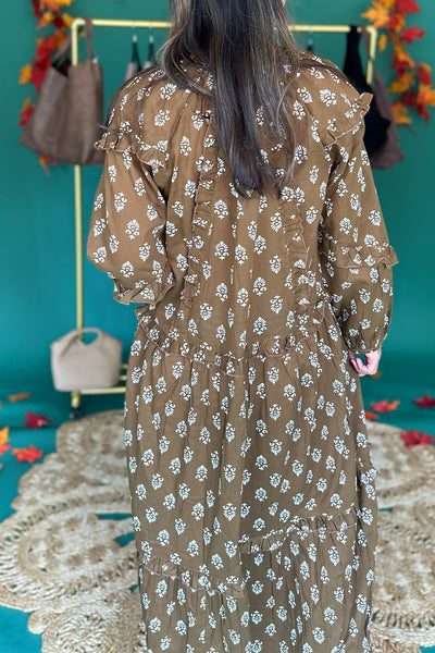 Brown and Cream Long Sleeve Maxi Dress