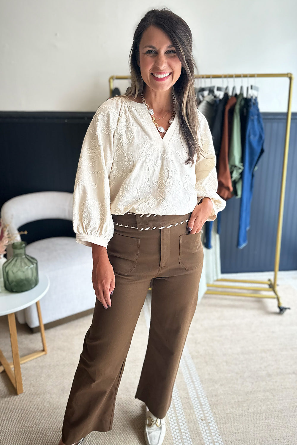 Brown Cream Stitch Wide Leg Pants