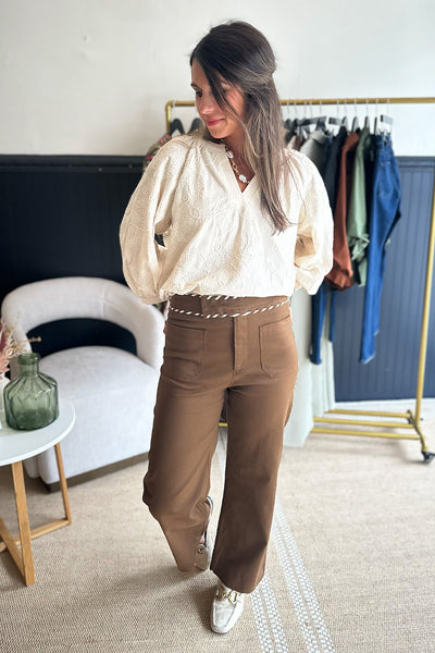 Brown Cream Stitch Wide Leg Pants
