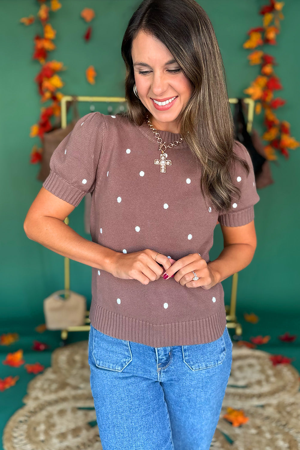 Mocha Polka Dot Embroidered Sweater