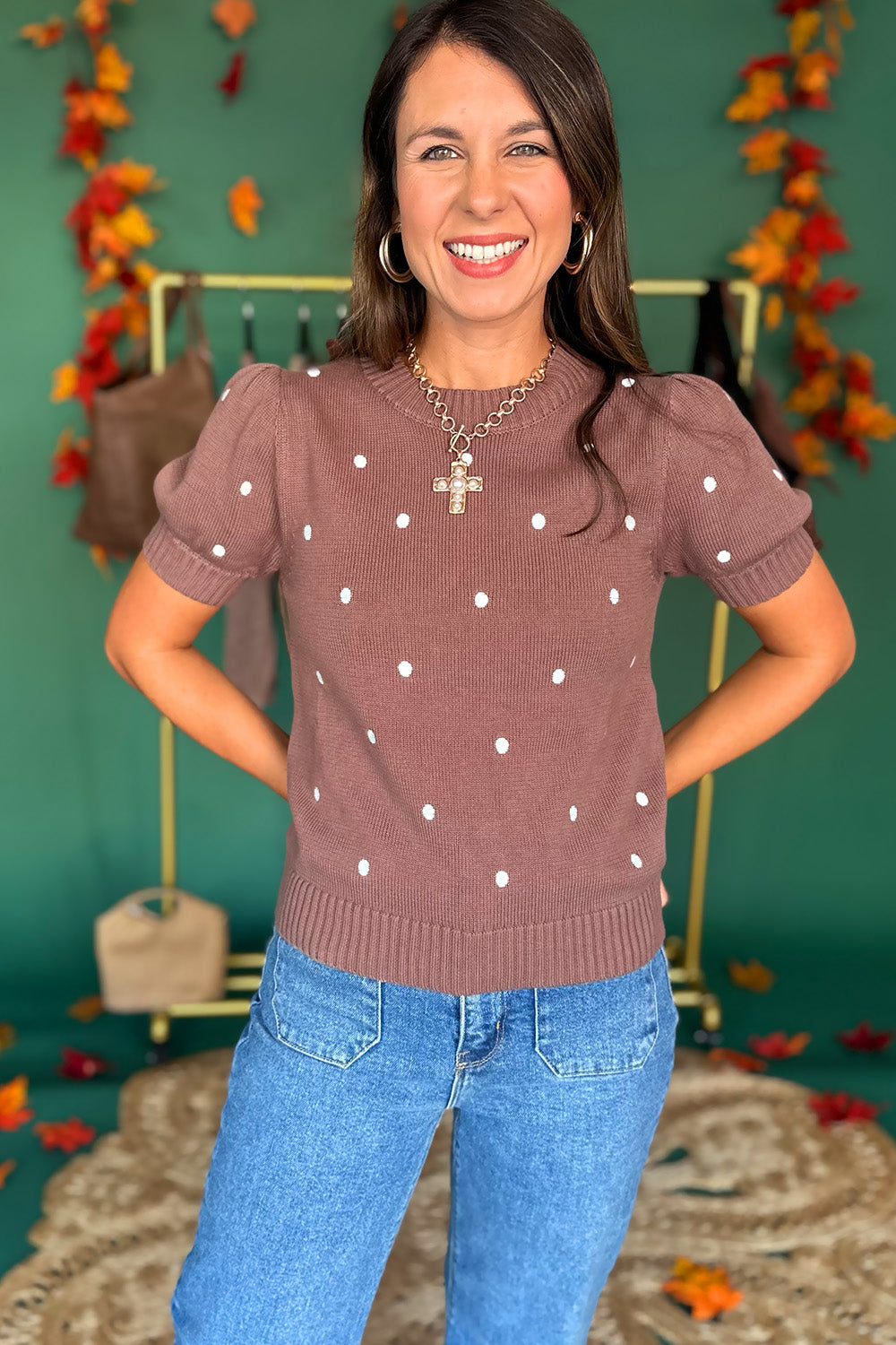 Mocha Polka Dot Embroidered Sweater