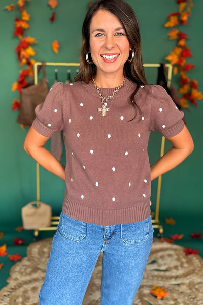 Mocha Polka Dot Embroidered Sweater