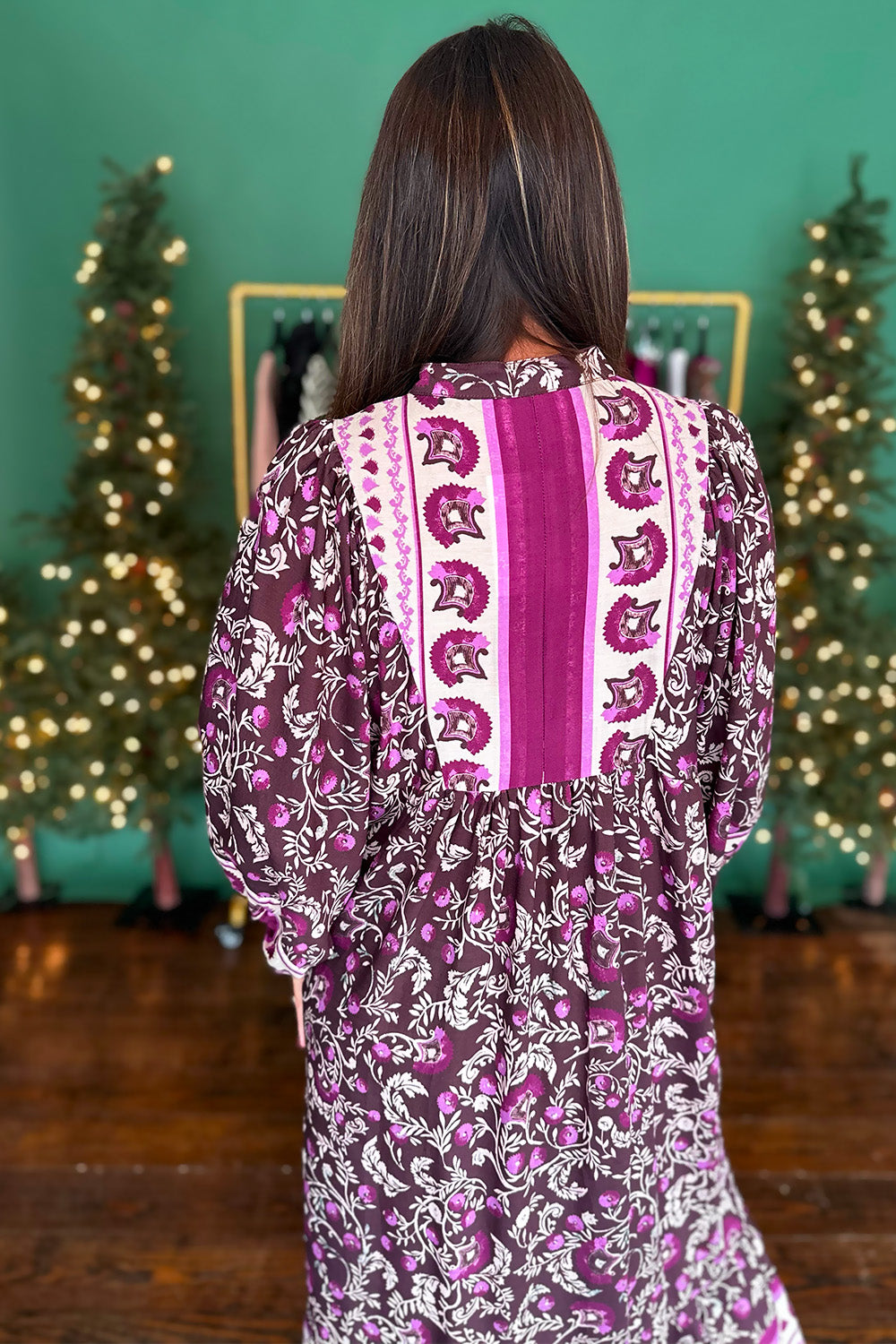 Brown and Purple Printed Midi Dress