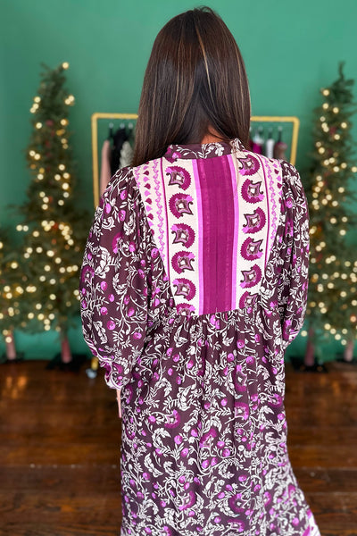 Brown and Purple Printed Midi Dress