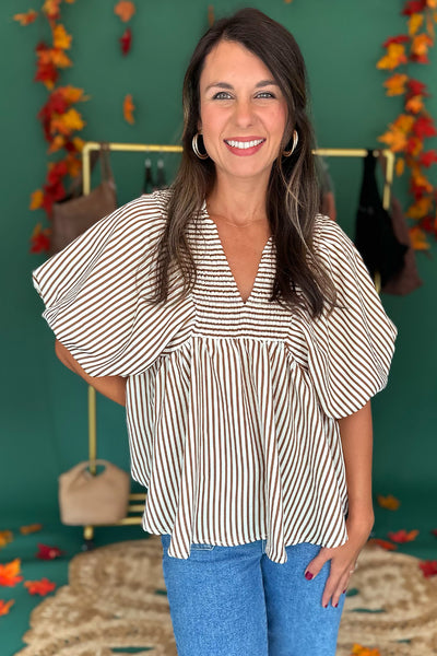 Striped Puff Sleeve Collared Top Brown