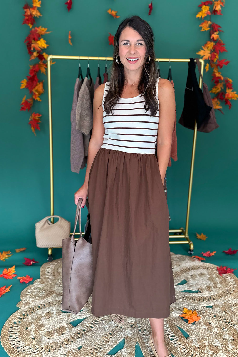 Cream and Brown Stripe Midi Dress