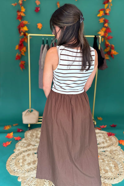 Cream and Brown Stripe Midi Dress
