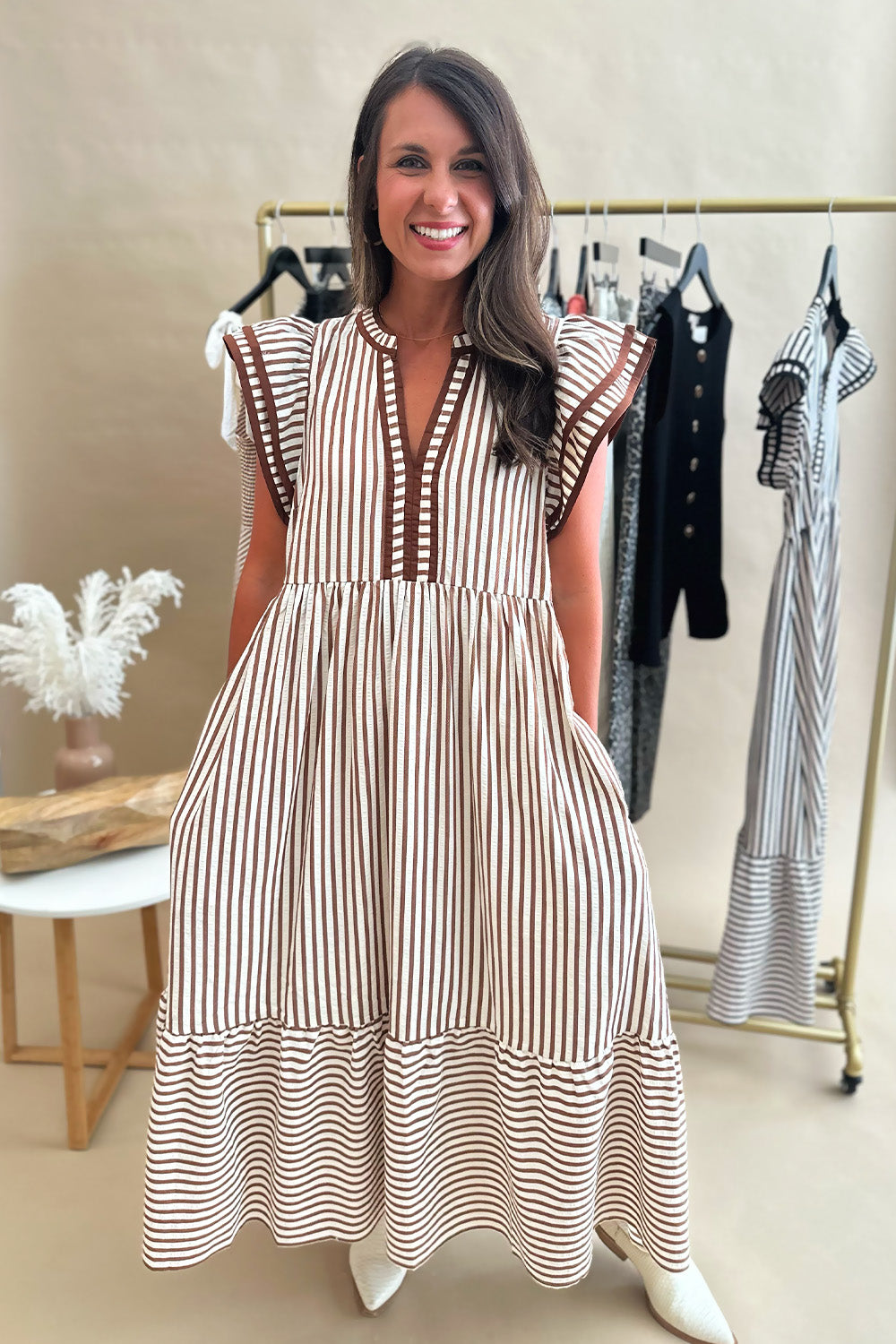 Striped Ruffle Shoulder Midi Brown