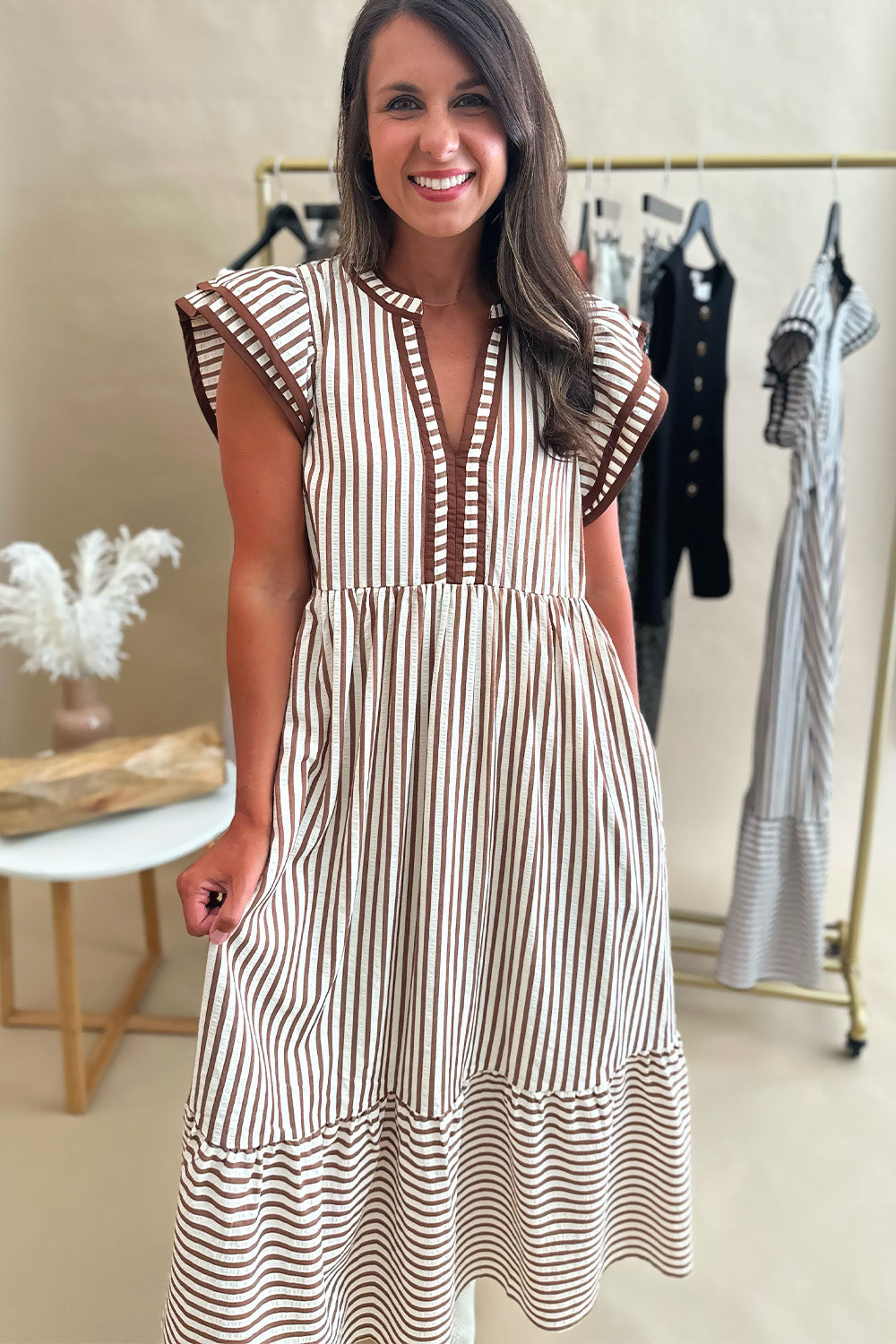Striped Ruffle Shoulder Midi Brown