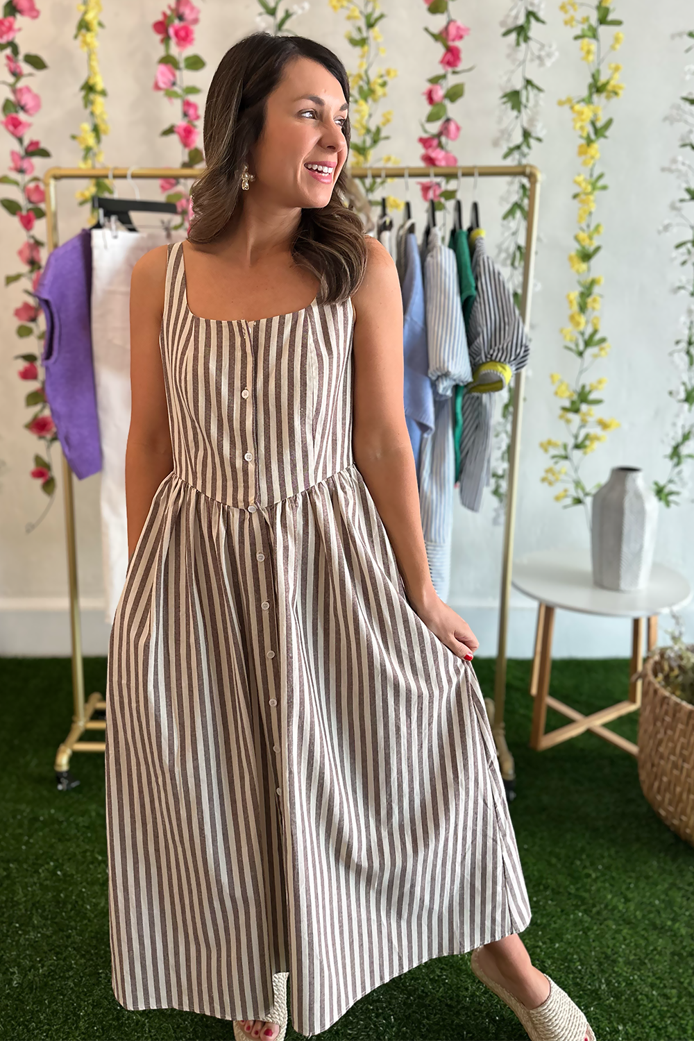 Brown Striped Sleeveless Midi Dress
